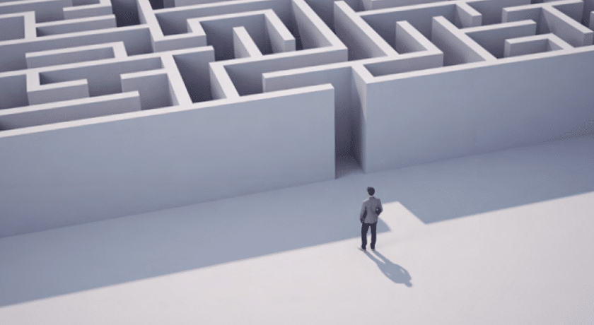 Illustration of a figure standing at the entrance of a maze.