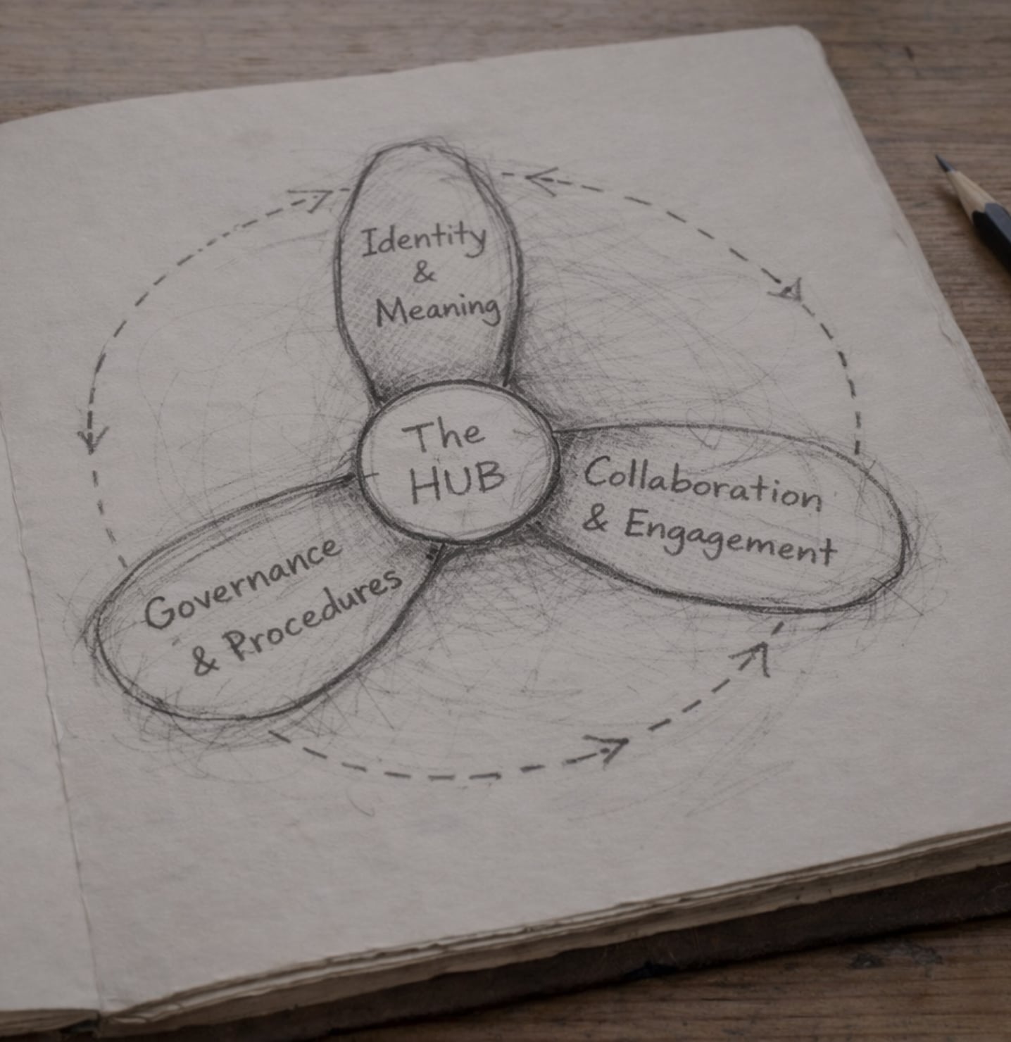 Hand-drawn sketch of the Propeller framework, a central hub linked to three blades: Identity & Meaning, Collaboration & Engagement, and Governance & Procedures.Meaning, Collaboration & Engagement, and Governance & Procedures.